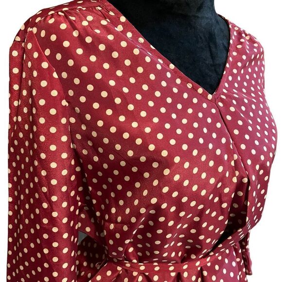 Skies Are Blue brick red and tan polka dot tie waist short length blouse size SP - Picture 8 of 14